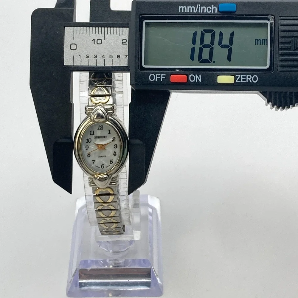 Vtg Rumours Womens Watch Heart Silver Gold Tone MOP Stretch New Battery SMALL 6